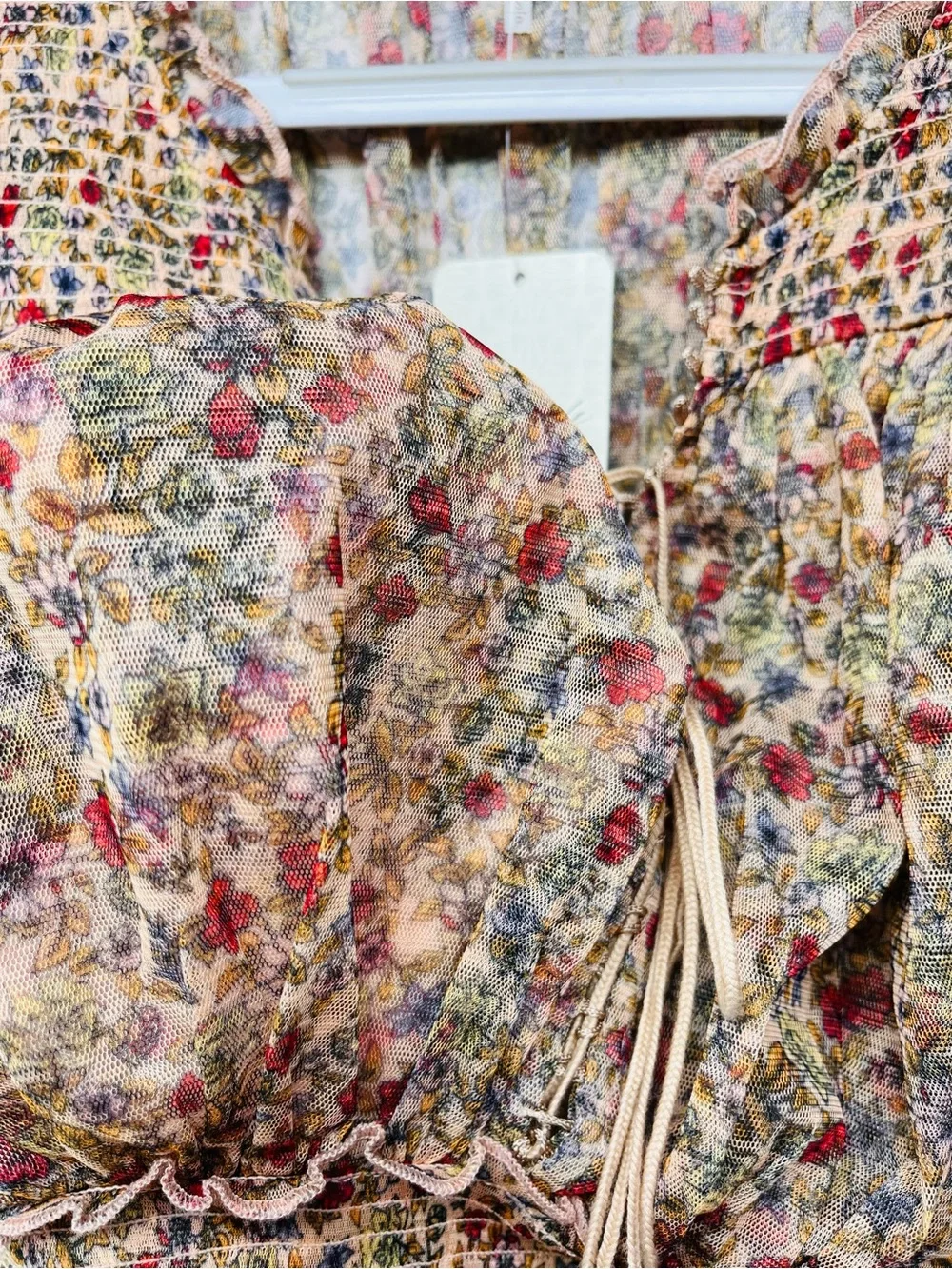 Free People Mustard Yellow Floral Ruffle Smocked Peasant Blouse